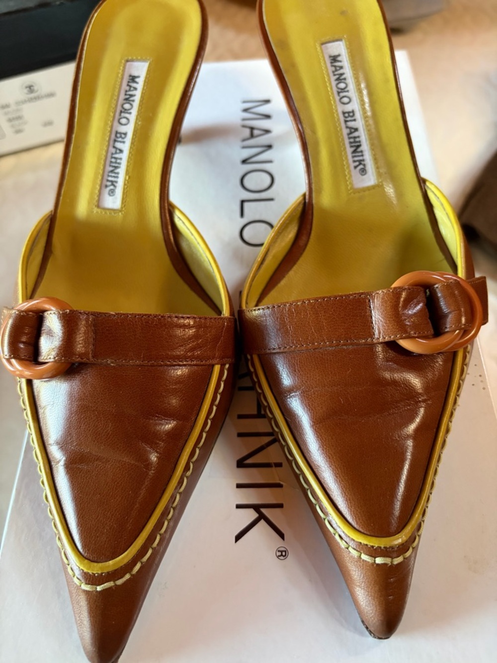 Manolo Blahnik Brown Leather Pointed Mule with Yellow Trim
